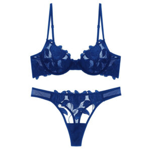 French underwear women's large chest display small belt underwire gathered mesh embroidery ultra-thin sexy bra set