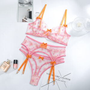 Sexy Mesh Heart Sculpted Bikini Garter Belt Sexy Lingerie 3 Piece Set