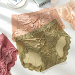 Mesh mid-waist plus comfortable lace trim ladies briefs