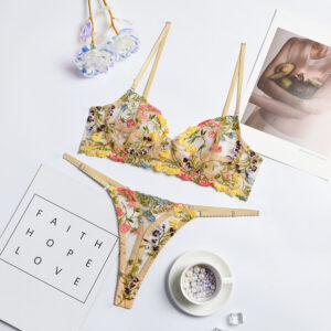 Summer Fashion Embroidery Floral Colorful Sling Gathering Sexy Lingerie Set